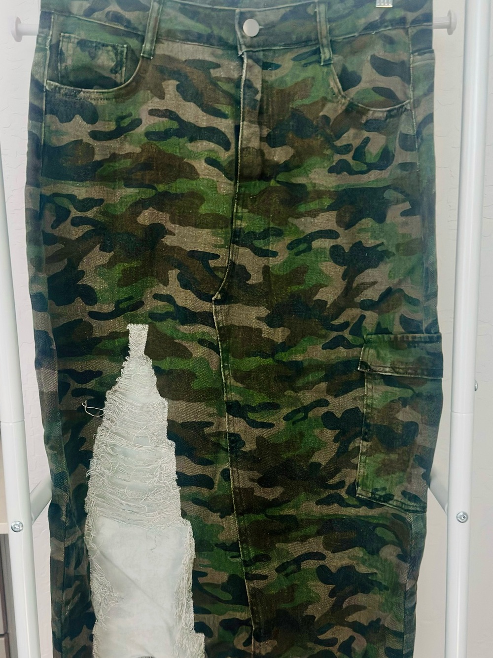 Camouflage Midi Skirt with Distressed Patch